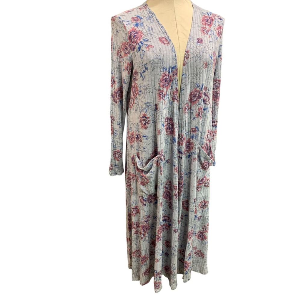 Small LulaRoe Womens Sarah Duster Long Cardigan Gray Floral Pockets
